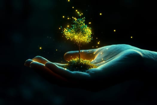 A hand holds a small plant with a glowing digital ai network symbol, representing biotechnology, genetic engineering, and sustainable innovation..