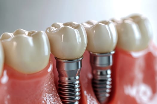 Anatomy of healthy teeth and tooth dental implant in human dentura..