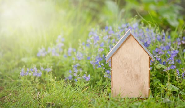 House in a meadow with flowers, buliding or renting a home in nature, real estate concept