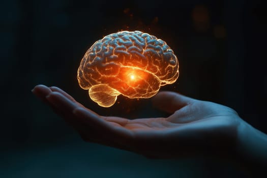 A hand holds a digital holographic brain, representing the tangible interface of artificial intelligence and cognitive technology in modern times..