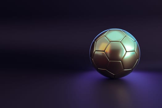 golden soccer ball on dark background, 3d rendering, sports background, soccer competition, world cup, Football championship light background. abstract glowing neon colored soccer ball illustration