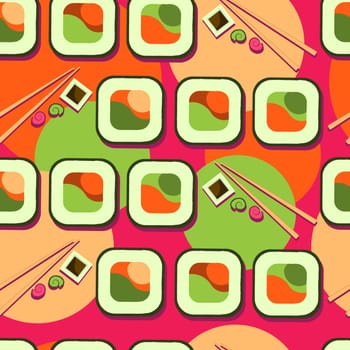 Seamless pattern with salmon fillet. Red flesh fish. sushi pattern.Advertising sushi and rolls. Asian food. Japanese food.