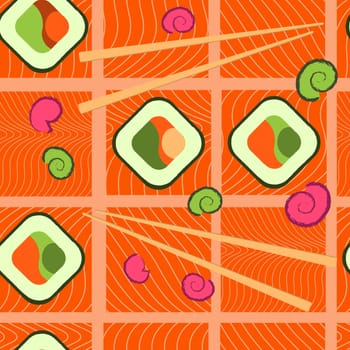 Seamless pattern with salmon fillet. Red flesh fish. sushi pattern.Advertising sushi and rolls. Asian food. Japanese food.