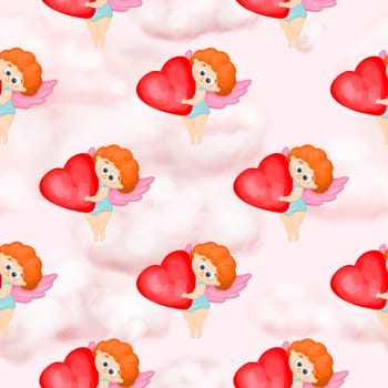 Seamless pattern with angels and hearts. Digital paper for valentine's day. Cupid helper.Funny cupid angel character with wings. Pink clouds. Textile and wrapping paper design.
