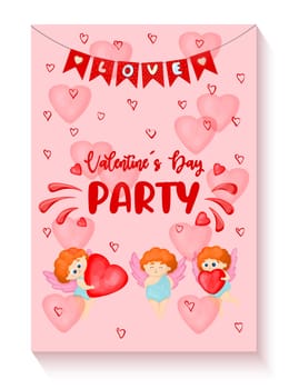 Vertical banner with angels and hearts on a pink background. Valentine's Day party invitation. Cupid helper.