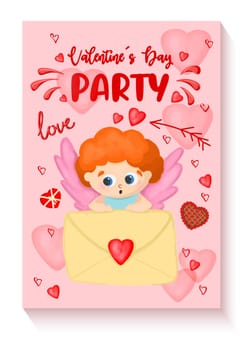 Vertical banner with angels and hearts on a pink background. Valentine's Day party invitation. Cupid helper.