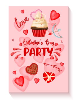 Vertical banner with angels and hearts on a pink background. Valentine's Day party invitation. Cupid helper.