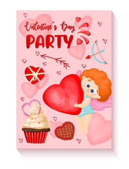 Vertical banner with angels and hearts on a pink background. Valentine's Day party invitation. Cupid helper.