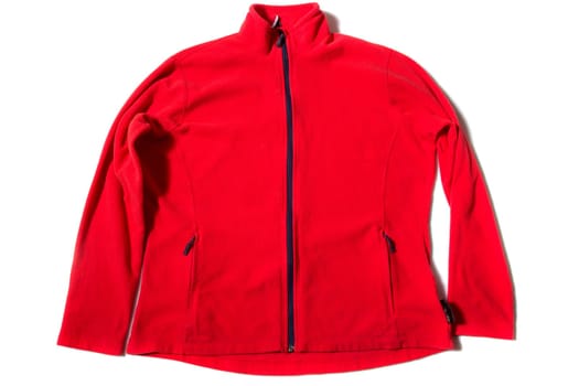 Red long sleeve women's fleece jacket on white background