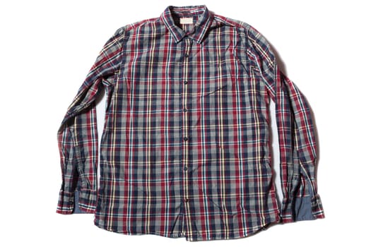 red blue check long sleeve button up mens shirt on white background