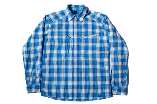 Blue long sleeve men's hiking shirt on white background