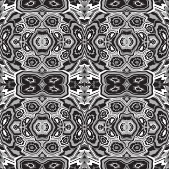 Abstract seamless pattern of stylized geometric motifs in black and white colors