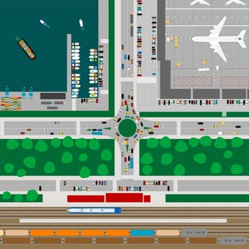 Aerial view of a city. The main means of transporting goods and passengers