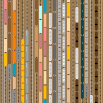 Aerial view of railroads with freight wagons at railway station. Wagons with goods
