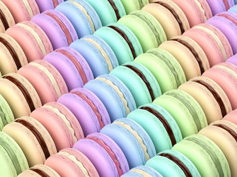 Many rows with french macarons with different colors and flavors