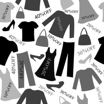 Black and white shopping sale banner  with woman  clothes,  bags, shoes and discounts