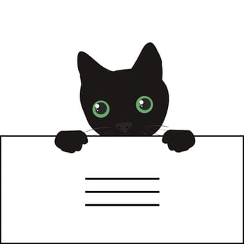 Cute black cat spy on you. Illustration with place for your text