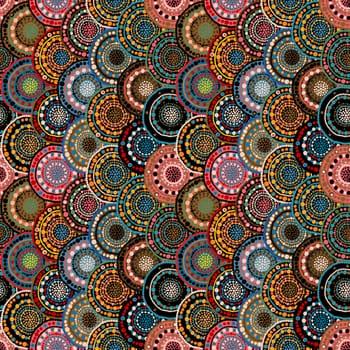 Japanese folk overlapping circular dotted flowers, seamless pattern