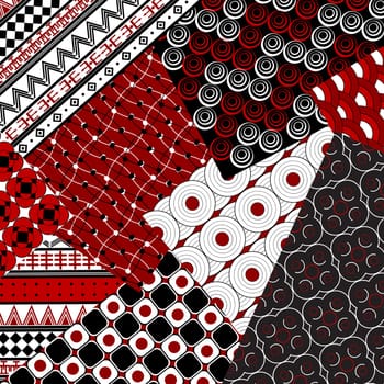 Red patchwork design with geometric motifs
