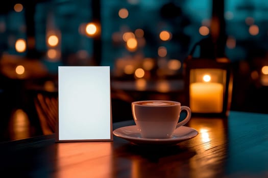 Blank menu card mockup on cafe table with coffee..