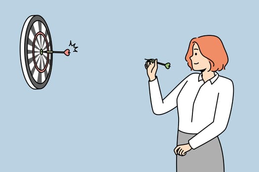 Girl throwing darts at target at wall. Businesswoman aiming arrow at round goal. Successful woman playing game. Strategy, marketing, challenge. Vector line art multicolored illustration.