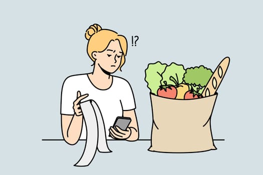 Girl checks purchase bill after supermarket shopping, surprised by high prices. Woman looks disappointed at grocery store receipt. Inflation, limited budget. Vector contour line colorful illustration.