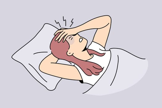 Unhealthy young woman lying in bed suffering from migraine. Unwell girl struggle from headache at home. Healthcare concept. Vector illustration.