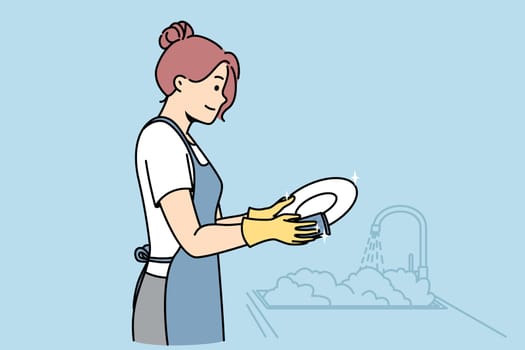 Girl washes plates in gloves near sink. Young woman is doing household chores in kitchen. Daily home cleaning routine. Domestic assistant, services staff. Vector line art multicolored illustration.