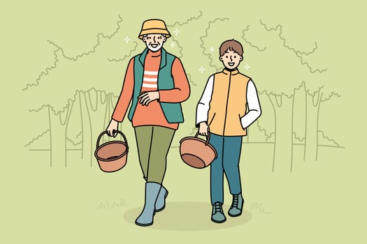 Smiling grandfather and grandson walking in forest with baskets. Happy granddad and grandchild look for mushrooms in wood together. Vector illustration.