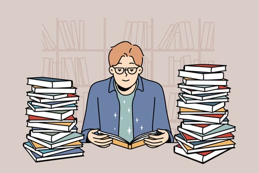 Smart young man in glasses sit in library with pile of books reading. Clever guy enjoy literature studying at desk with textbooks stacks. Vector illustration.
