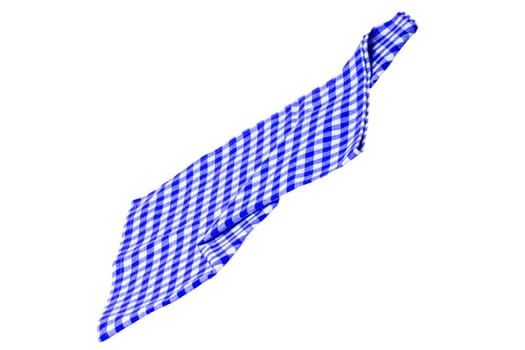 Closeup of a blue and white checkered napkin or tablecloth texture isolated on a white background. Kitchen accessories. Clipping path. Macro.