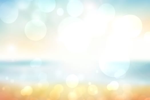 Abstract sea background. Abstract tropical sandy summer beach background with bokeh lights on light blue water and sun. Beautiful texture. Space.