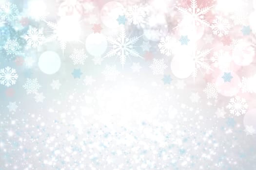 Abstract blurred festive delicate winter christmas or Happy New Year background with shiny blue pink and white bokeh lighted stars. Space for your design. Card concept.