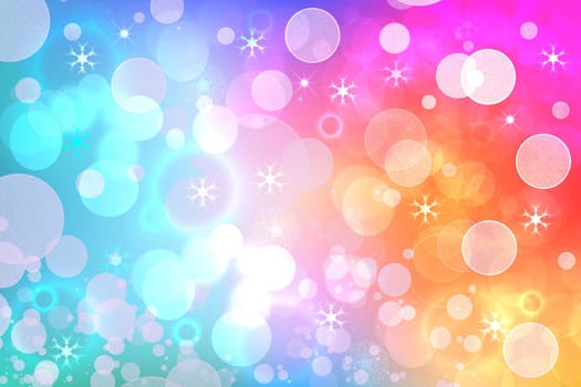 A festive abstract delicate Happy New Year or Christmas background texture with colorful gold yellow turquoise pink blurred bokeh lights and stars. Space for design. Card concept or advertising.