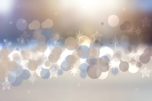 A festive abstract brown blue background texture with glittering and sparkling bokeh stars and white circles. Card concept for Happy New Year, party, invitation, Valentine's Day or other holidays.