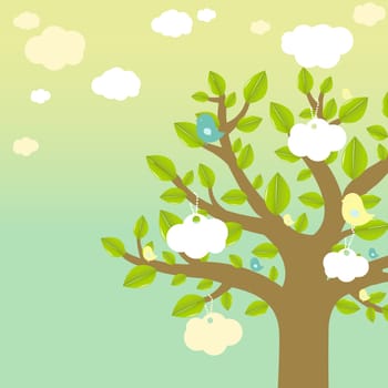 Cartoon Tree And Bird, Vector Illustration