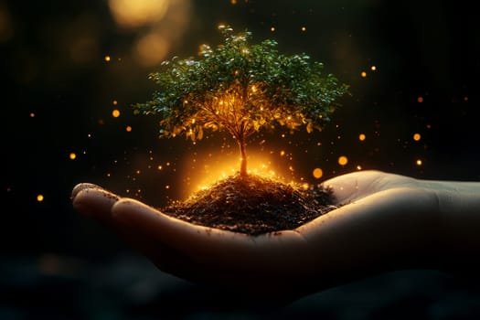 A hand holds a small plant with a glowing digital ai network symbol, representing biotechnology, genetic engineering, and sustainable innovation..