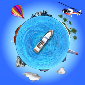 Concept illustration that shows several travel destinations: urban, desert, beach, mountain. The yacht is like a compass choosing its destination.