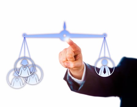 Arm of a businessman in dark suit reaching out to touch a virtual weighing scale that is balancing out three female office workers and one male white collar employee. Theme of performance review.