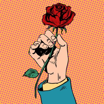Flower red rose in his hand men love Bud Halftone style art pop retro vintage