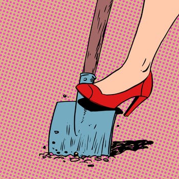 A woman works in a garden shovel digging farmer housewife shoes Halftone style art pop retro vintage. Leg elegantly dressed woman in a beautiful red shoes and close-up shovel in the ground. The theme of labor business and farming