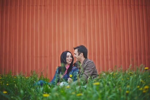 Happy couple sitting in green grass
