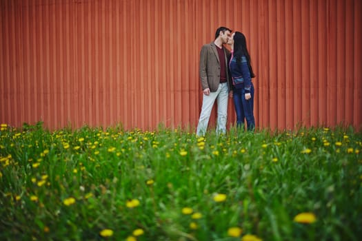 Amorous couple in casualwear kissing on green lawn
