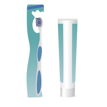 Toothbrush and toothpaste set isolated on white. Vector Illustration