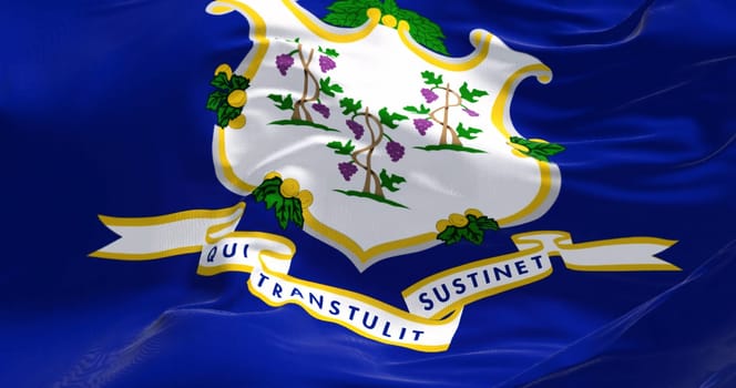 Close-up view of the Connecticut State flag waving in the wind. Fabric textured background. US federal state. Realistic 3D Illustration
