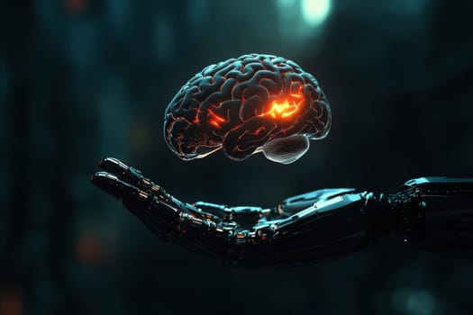 A hand robot holds a digital holographic brain, representing the tangible interface of artificial intelligence and cognitive technology in modern times..