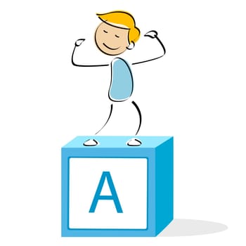 vector illustration of school boy standing on alphabet block against an isolated background