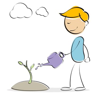 illustration of vector kid sprinkling water to plant