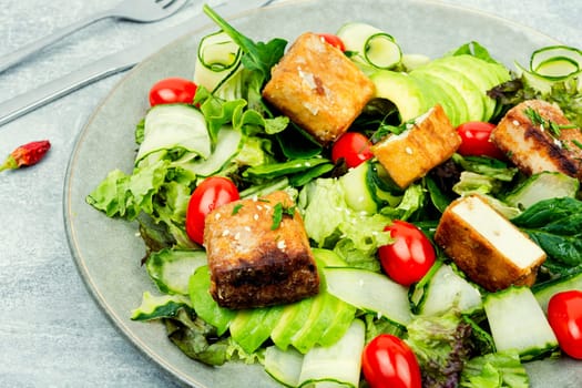 Delicious salad with lettuce, cucumber, avocado and roasted tofu soy cheese. Vegetarian cuisine