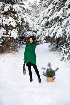 A young beautiful girl in a green sweater and hat stands in the winter forest with a basket wit pine branches and a string bag with tangerines.